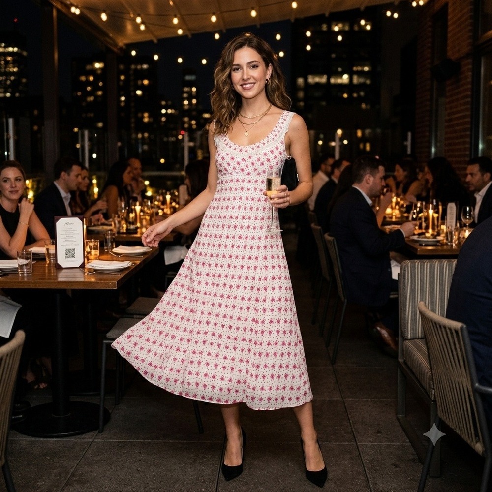 J.Crew Natasha Floral Viscose Midi Dress Pink White Lace Trim Size 6 Sample